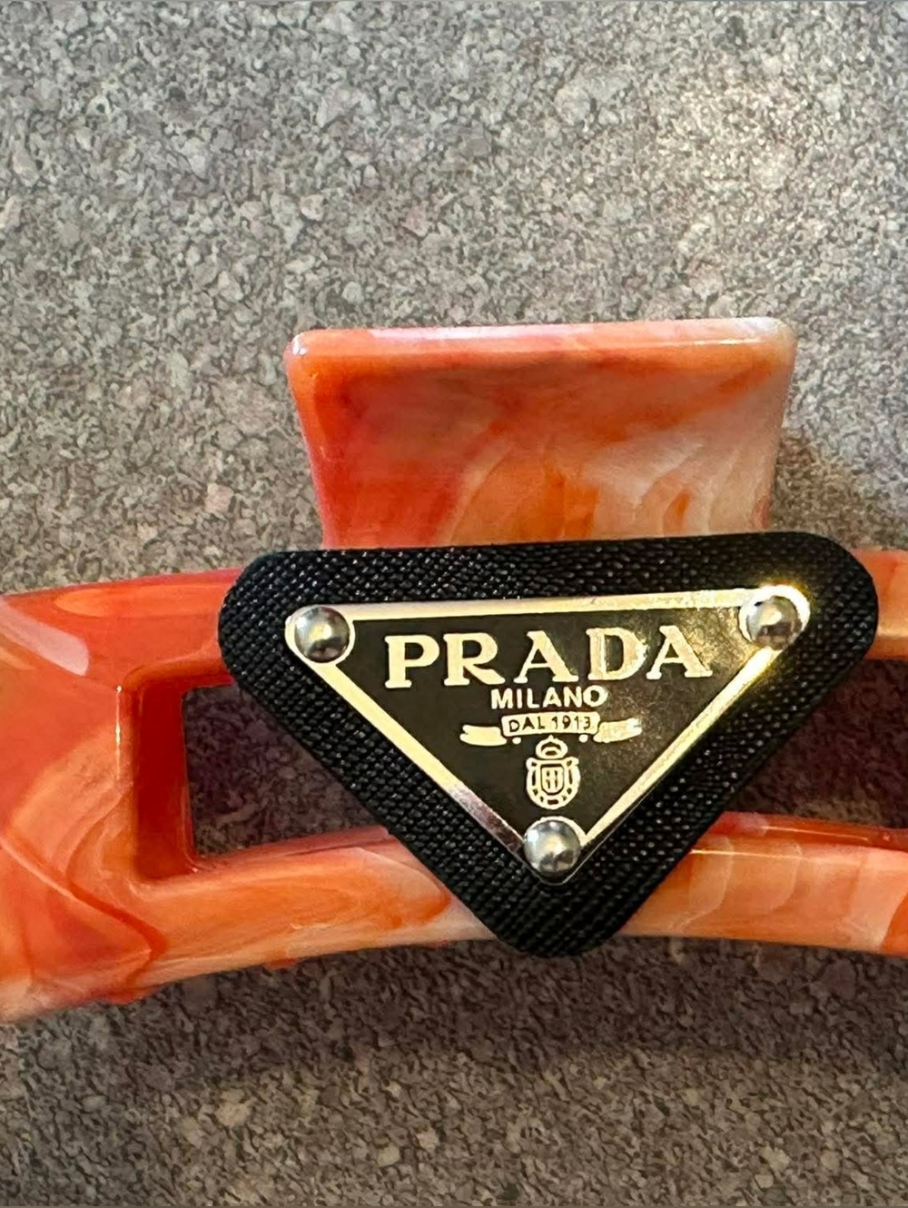 Orange Marbled Resin Hair Claw with Black Logo Plaque